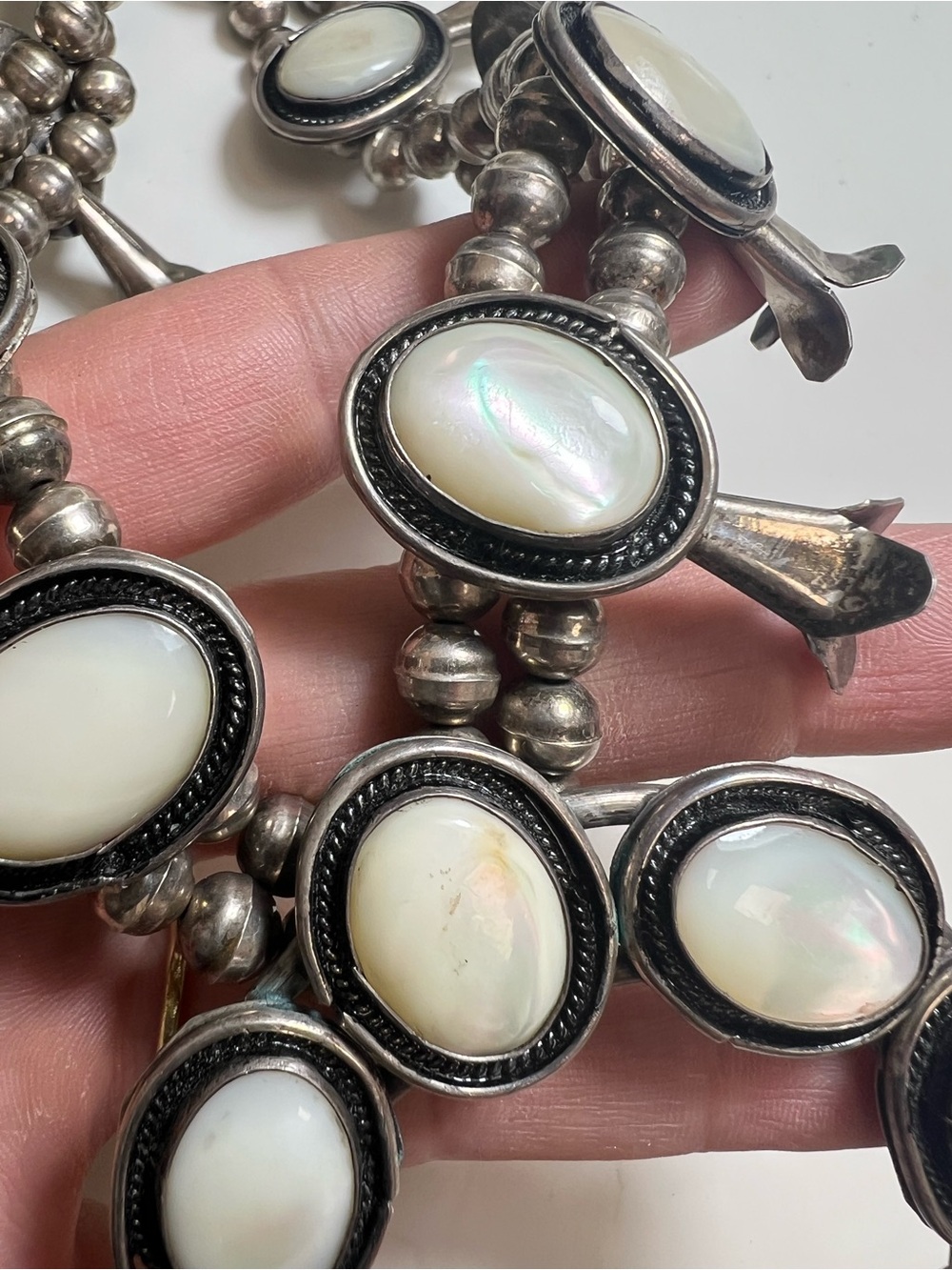 Sterling Silver White Mother-of-Pearl Squash Blossom Necklace - Picture 3 of 16